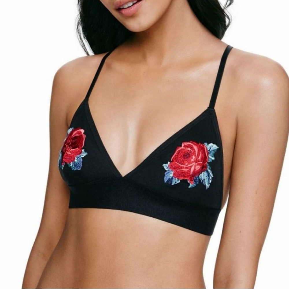 Victoria Secret Bralette - Black Embroidered Red Roses Triangle Bra / Size: L